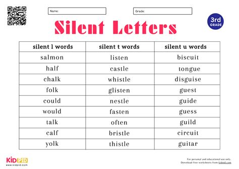 Silent Letters Spelling List Worksheet For Grade 3 - Kidpid