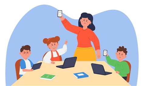 Teacher showing correct answer on phone to children in class. group of ...
