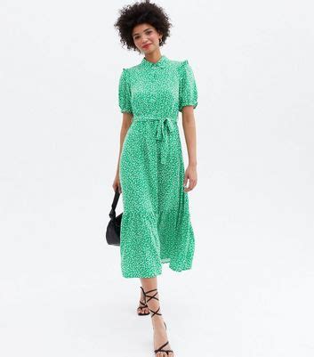 Green Mark Making Print Frill Belted Midi Shirt Dress | New Look