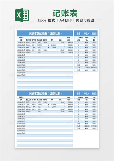 记账_蓝色简约家庭收支记账（自动汇总）表EXCEL模版模板下载_图客巴巴