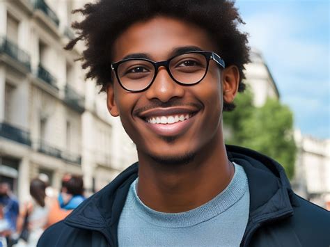 Heureux jeune homme noir africain avec sourire et lunettes Casual ...