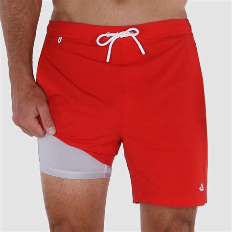 Men's 6" Inseam Swim Trunks with Compression Liner in Color Red