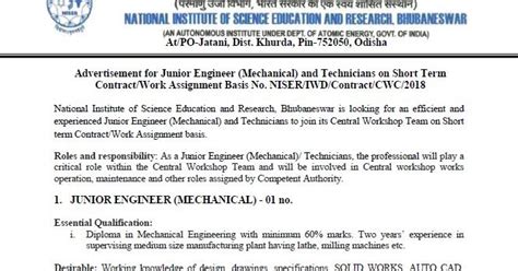 NISER BBSR Recruitment 2019 For Jr. Engineer and Technician Post.