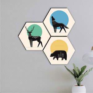 RAC Set of 3 Black Dear Howl at Moon and Bear Hexagon UV Wall MDF ...