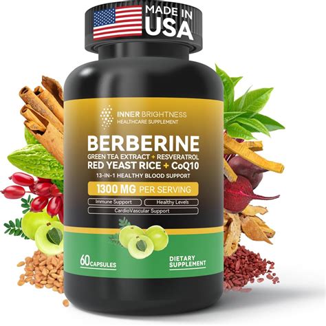 Amazon.com: Berberine 1300mg with Green Tea Extract, Resveratrol, Red Yeast Rice & CoQ10 – 13-in ...