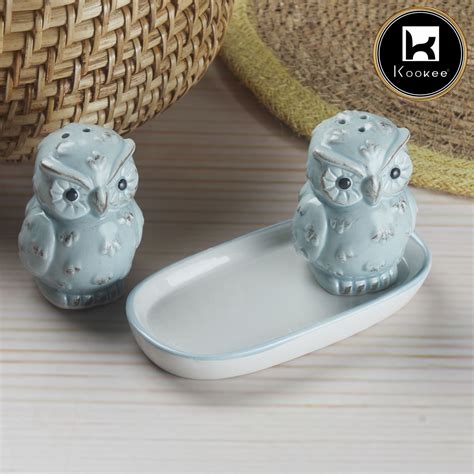 Kookee Ceramic Salt and Pepper Set with tray, Owl Design, Pink – Kookee.in