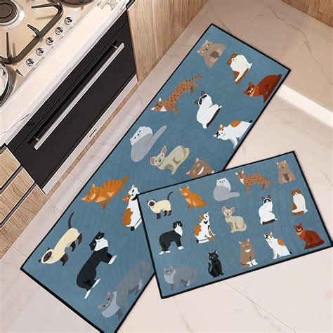 Cute Cat Kitchen Rugs and Mats Non Skid Washable Set of 2, Cartoon Pet ...