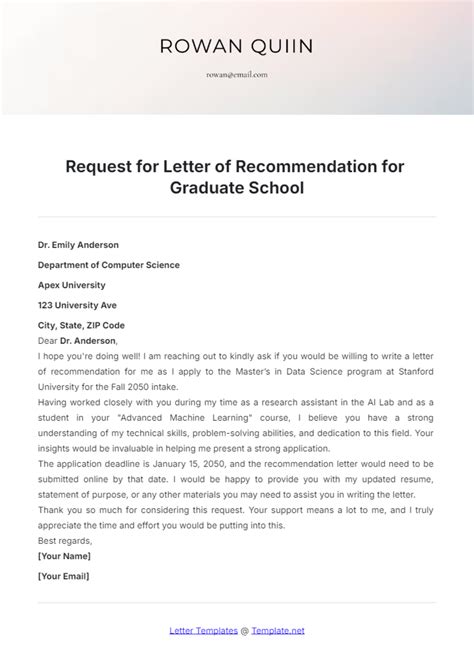 Free Request for Letter of Recommendation for Graduate School Template ...