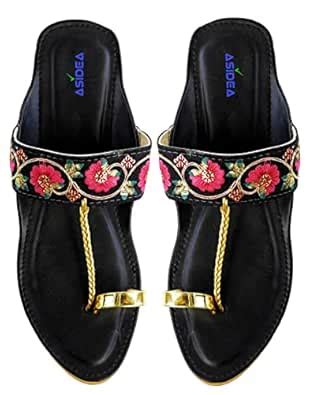 ASIDEA Phulkari Embroidered Kolhapuri Flats for Women (Black, Numeric_4 ...