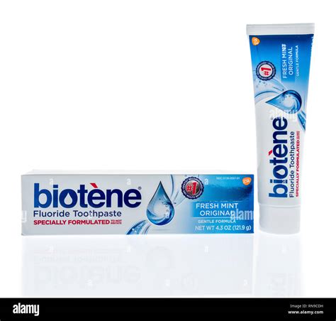 Winneconne, WI - 14 February 2019: A tube of Biotene dry mouth toothpaste on an isolated ...