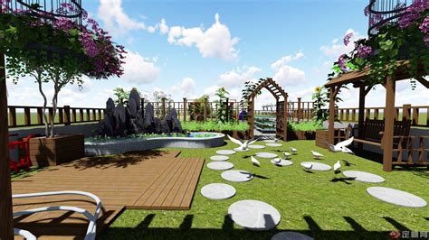 学校楼顶花园生态景观设计su模型-三摩地