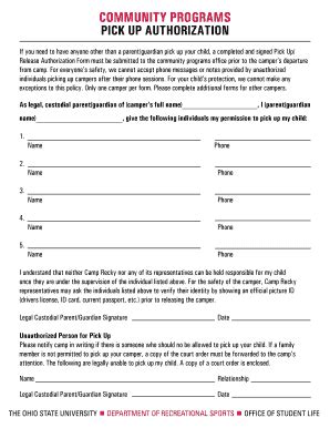 Camp Pick Up Authorization Form - Blank Fillable Template | Fill Out ...