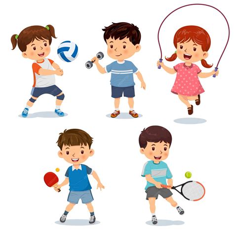 Little children playing different sports volleyball dumbbell jump rope ...