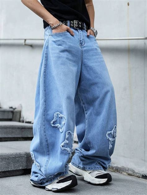 Manfinity EMRG Men's Casual Washed Cross Design Distressed Baggy Jeans ...