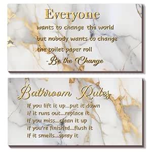 DONFENTHY 2 Pieces White Gold Bathroom Decor Bathroom Rules Wall Art ...