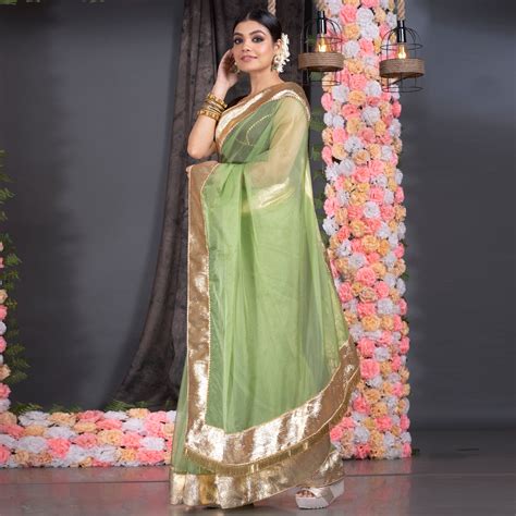 Green organza saree with gold gota border and fringe lace – Boveee
