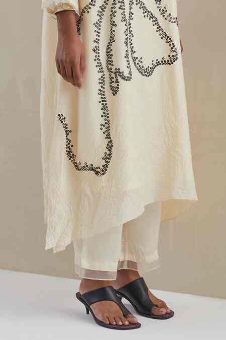 Buy Off White Silk, Satin Embroidery V-neck Hand Asymmetric Kaftan Set ...