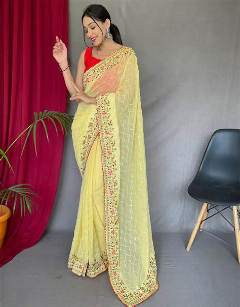 Yellow Georgette Saree With Sequence Work – Sareewave