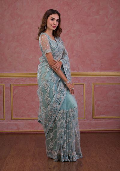 Buy Sky Blue Zariwork Net Saree - Koskii