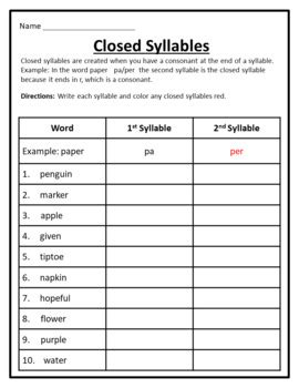 Closed Syllables Examples Worksheet 的图像结果