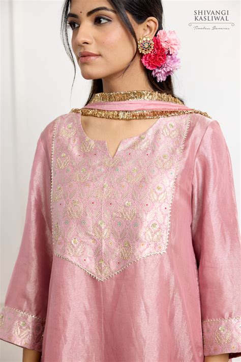 Baby Pink Banarasi Tissue Silk Kurta Set - Shivangi Kasliwal