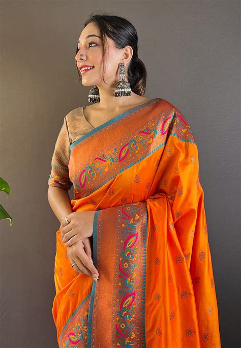 Orange Original Maharashtrian Meenakari Yeola Paithani Silk Zari Woven ...