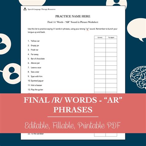 Final /R/ Words "AR" Phrases Worksheet for Speech Therapy (editable ...