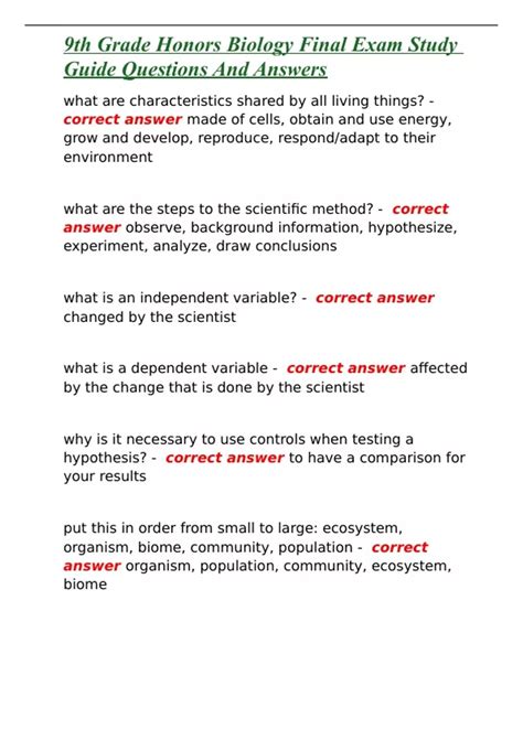 9th Grade Honors Biology Final Exam Study Guide Questions And Answers ...