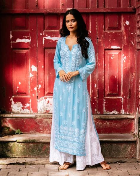 Sky Blue Rayon Cotton Chikankari Kurta With Palazzo – SurtiSilk
