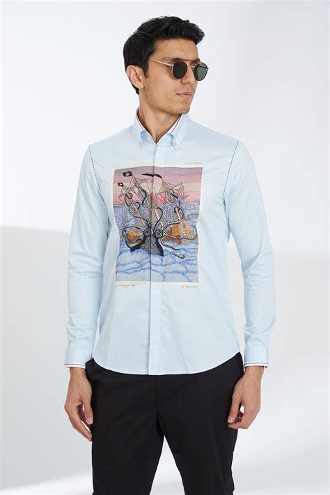Powder Blue Cotton Embroidered Shirt by Abkasa at Pernia's Pop Up Shop 2024