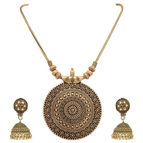 Sasitrends Brass Oxidised German Silver Pendant Necklace with Earrings ...
