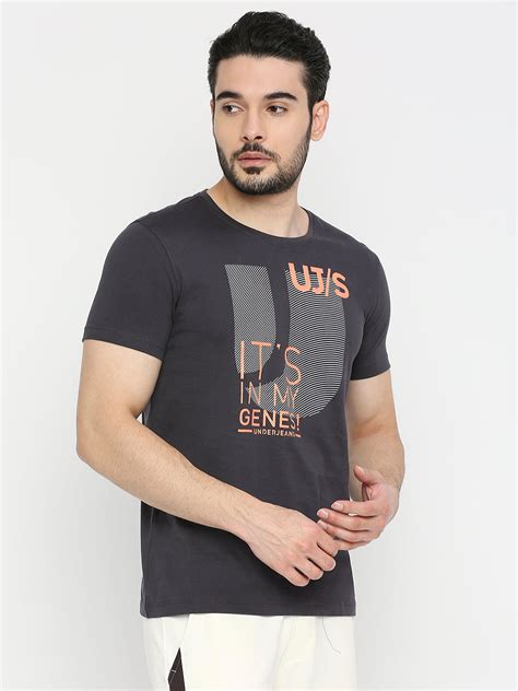 Men Premium Slate Grey Cotton Tshirt- Underjeans By Spykar