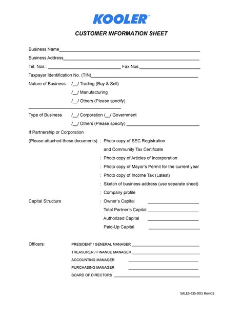 Customer Information Sheet Example 的图像结果