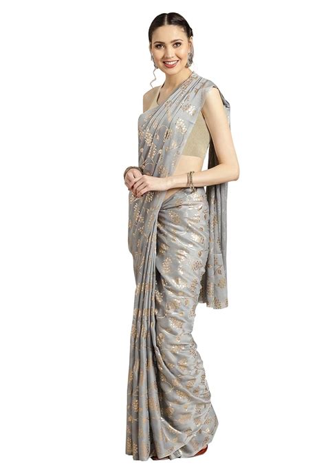 ishin Poly Georgette Grey Foil Printed Women's Saree : Amazon.in: Fashion