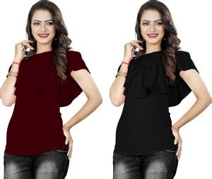 Urban Creation Party Short Sleeve Solid Women Maroon, Black Top - Buy ...