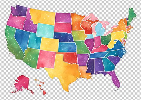Colorful watercolor map of the United States with vibrant states ...