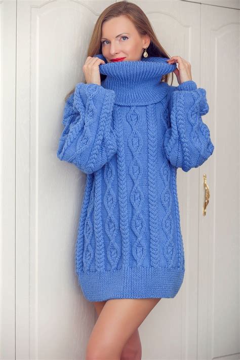Designer Cable Knit Sweater Dress Blue Hand Knitted Pullover Designer ...