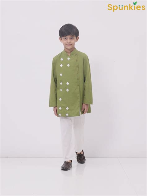 Boys Olive Green Cotton Linen Asymmetrical Kurta Set – Spunkies