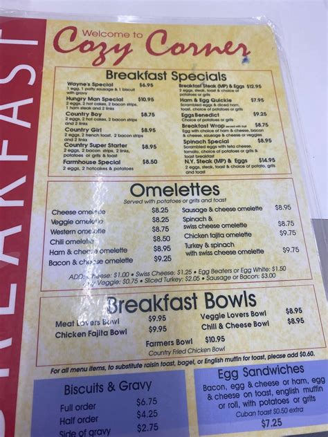 Menu at Cozy Corner restaurant, Miami Springs, 90 Westward Dr