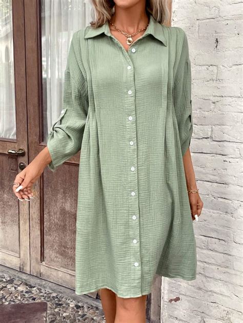 EMERY ROSE Roll Up Sleeve Button Front Shirt Dress | SHEIN USA