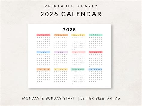 2026 Yearly Calendar, Printable Calendar, 2026 Calendar, 2026 Digital Calendar, Year at a Glance ...