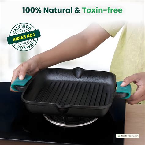 The Indus Valley Cast Iron Grill Pan with Double Handle 26.5 cm - Blac ...