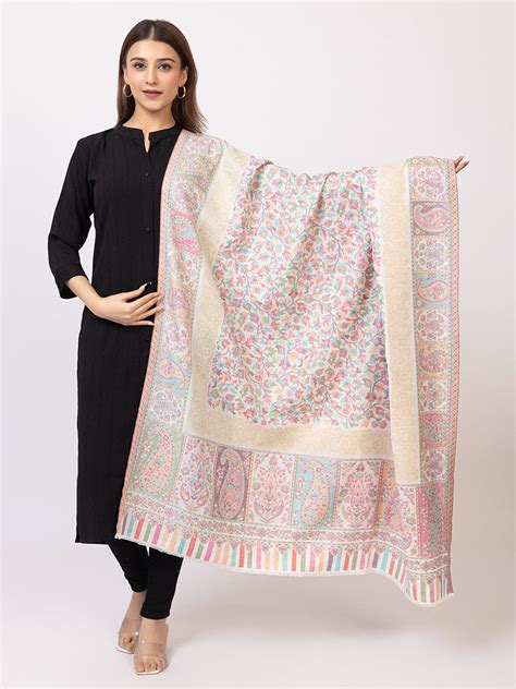 Tillaari White Kaani Shawl with Multicolor Floral and Paisley Design
