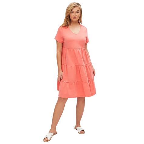ellos Plus Size Cotton Spandex Scoop Neck Short Sleeve Tiered A Line Dress