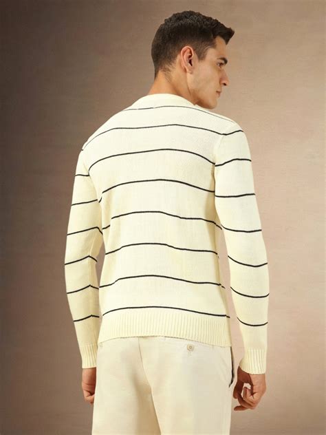 Men's Off White Striped Crew Neck Full Sleeves Sweater – DENNIS LINGO