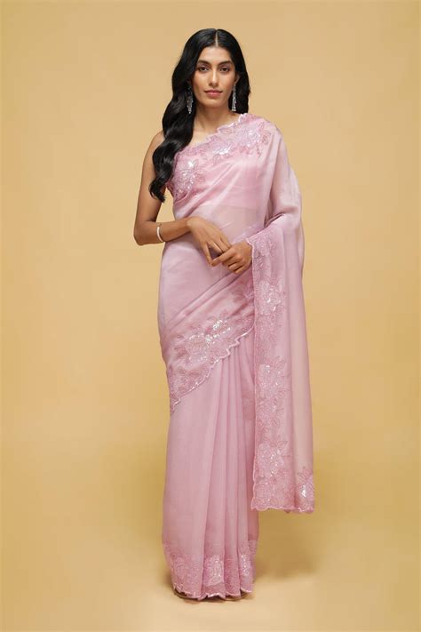 Light Pink Organza Saree with Sequin Floral Border | Buy SAREES Online ...