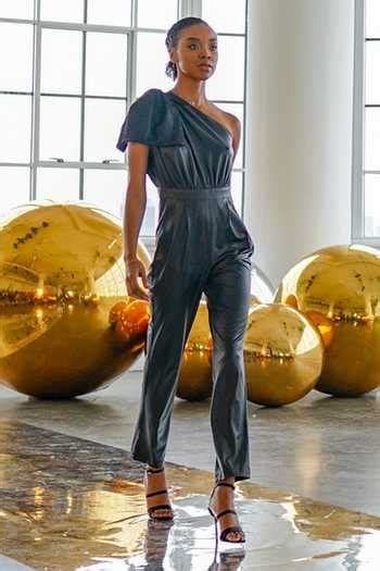 Buy Black Lurex Bows One Shoulder Mesh Embellished Jumpsuit For Women ...