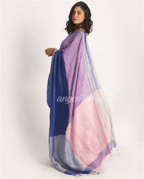 Royal Blue Light Pink Traditional Handloom Linen Saree – angoshobha