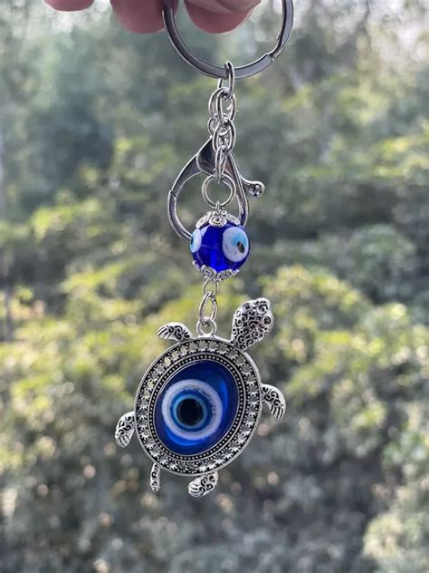 BLUE BEADS Blue & Silver Evil Eye Lucky Turtle Keychain For Bike/Car ...