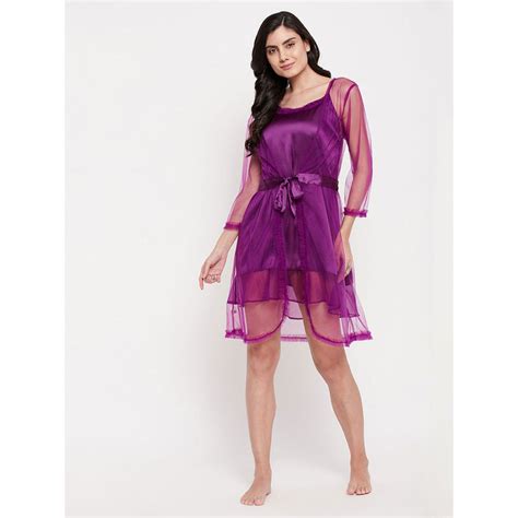 Buy Clovia Satin Solid Short Night Dress And Robe Purple (Set of 2) Online